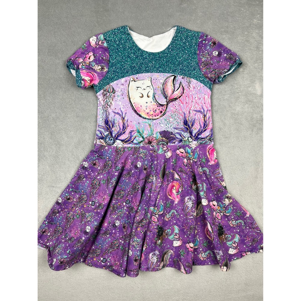 Handmade Girls Purple Teal Mermaid Mercat Twirl Dress Puff Short Sleeve  Stretch